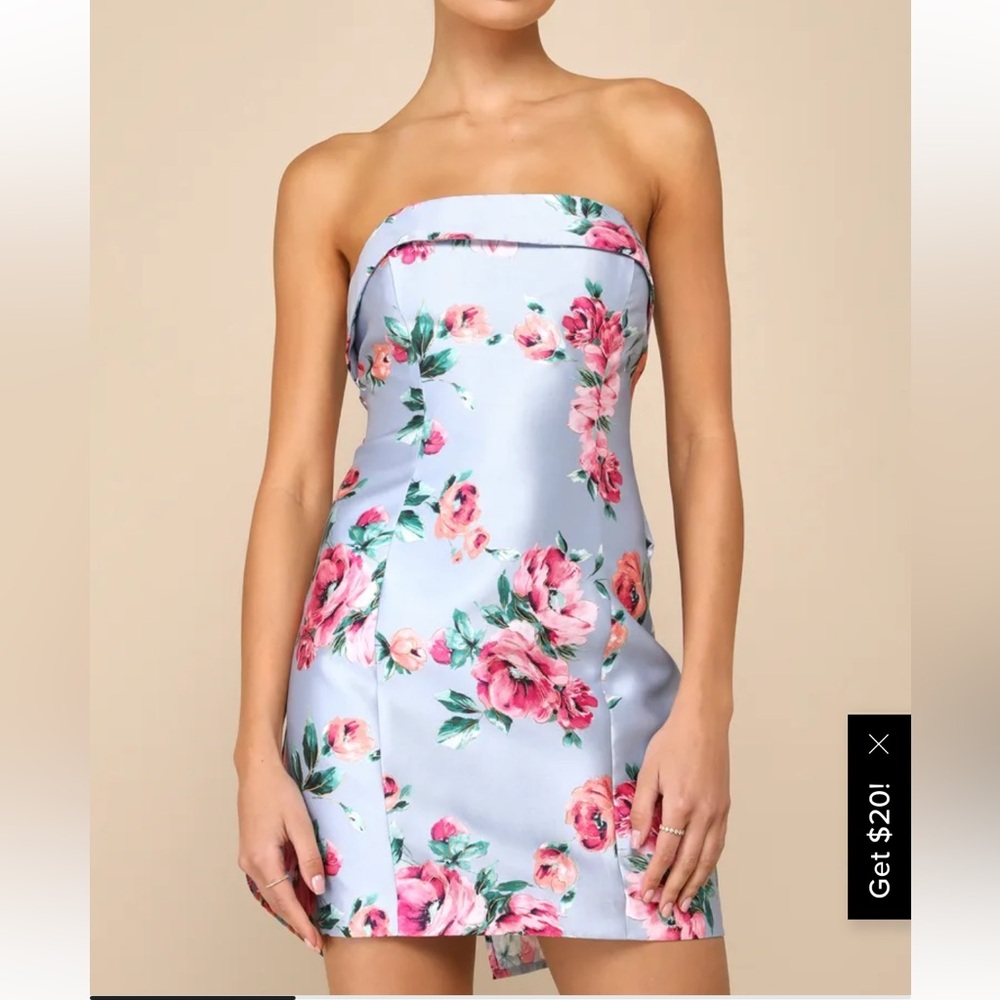 Lulus luxe wonder light blue floral taffeta strapless bow mini dress NWT SZ M